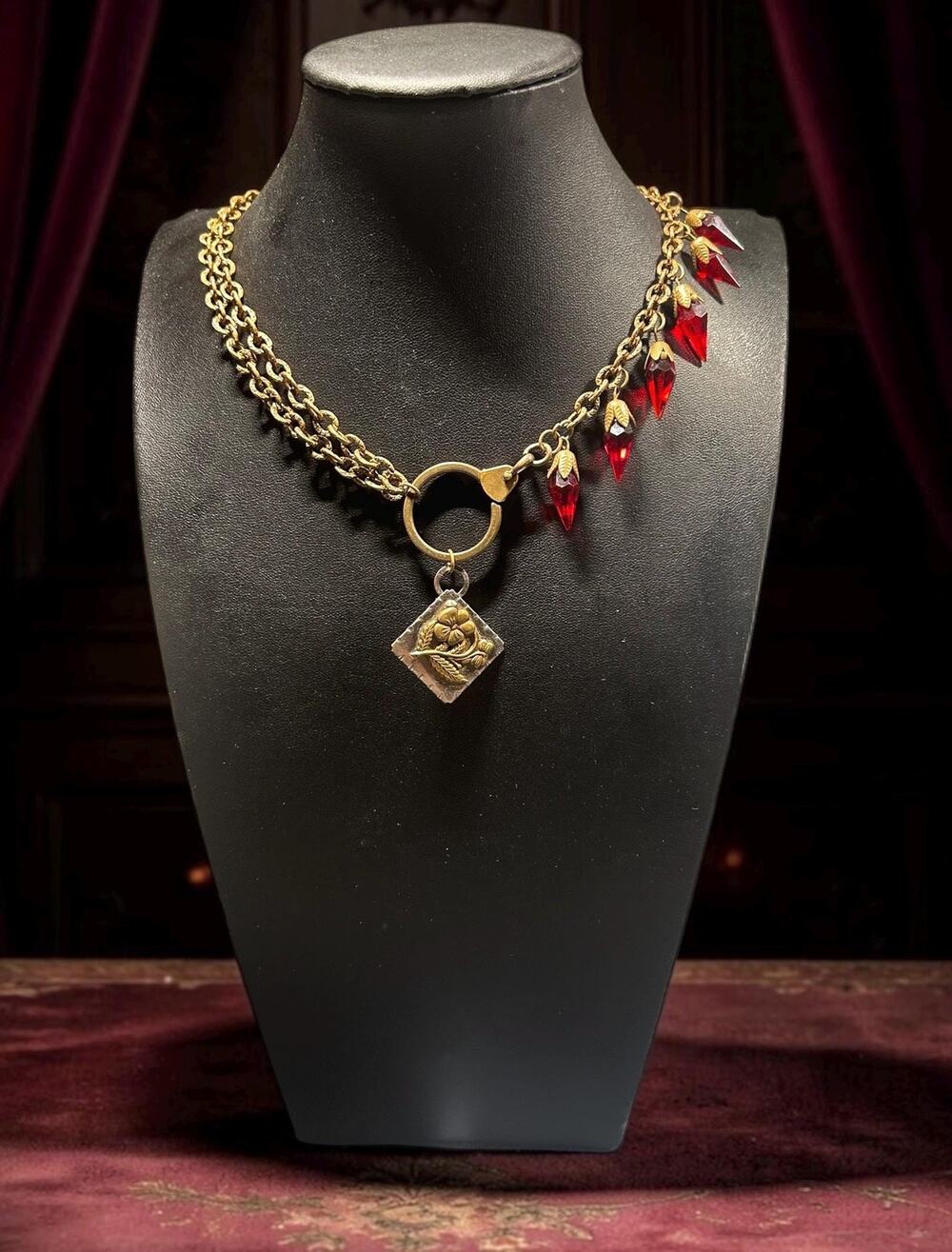 Vintage Assemblage Necklace Hickok Ring Ruby Glass Brass Button Pendant